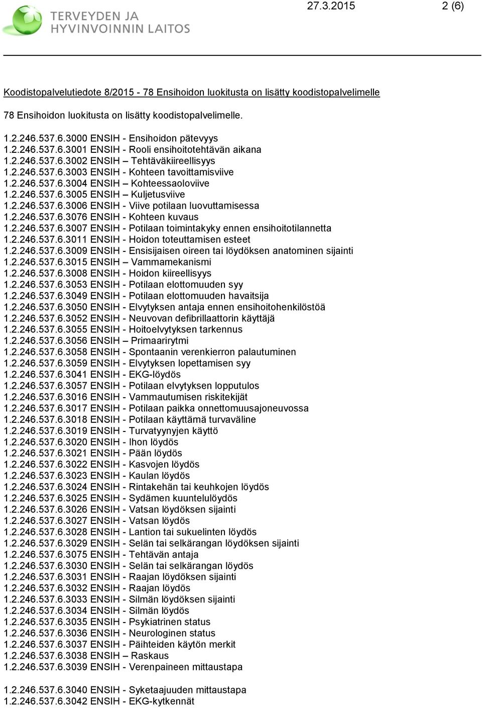 2.246.537.6.3005 ENSIH Kuljetusviive 1.2.246.537.6.3006 ENSIH - Viive potilaan luovuttamisessa 1.2.246.537.6.3076 ENSIH - Kohteen kuvaus 1.2.246.537.6.3007 ENSIH - Potilaan toimintakyky ennen ensihoitotilannetta 1.