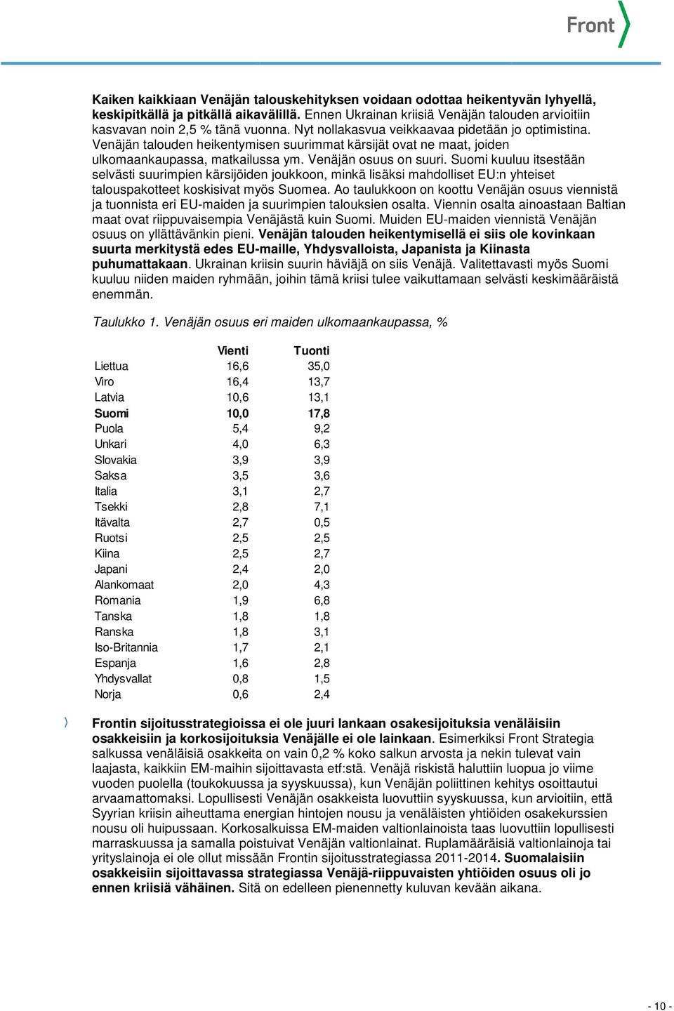 Venäjän talouden heikentymisen suurimmat kärsijät ovat ne maat, joiden ulkomaankaupassa, matkailussa ym. Venäjän osuus on suuri.