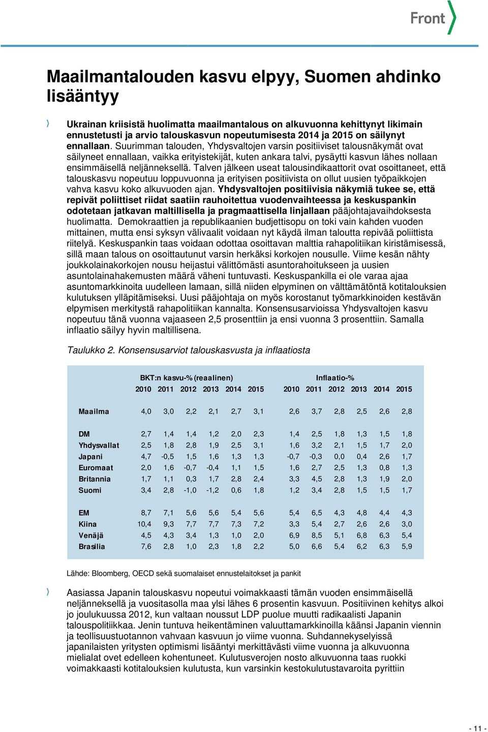 Suurimman talouden, Yhdysvaltojen varsin positiiviset talousnäkymät ovat säilyneet ennallaan, vaikka erityistekijät, kuten ankara talvi, pysäytti kasvun lähes nollaan ensimmäisellä neljänneksellä.