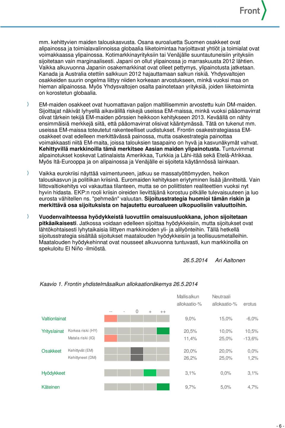 Kotimarkkinayrityksiin tai Venäjälle suuntautuneisiin yrityksiin sijoitetaan vain marginaalisesti. Japani on ollut ylipainossa jo marraskuusta 2012 lähtien.