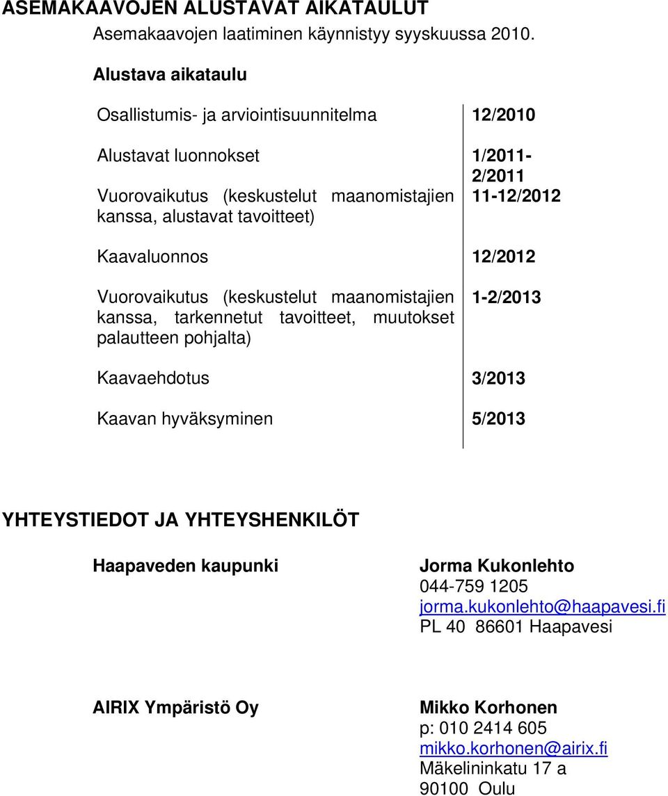 tavoitteet) Kaavaluonnos 12/2012 Vuorovaikutus (keskustelut maanomistajien kanssa, tarkennetut tavoitteet, muutokset palautteen pohjalta) 1-2/2013 Kaavaehdotus 3/2013