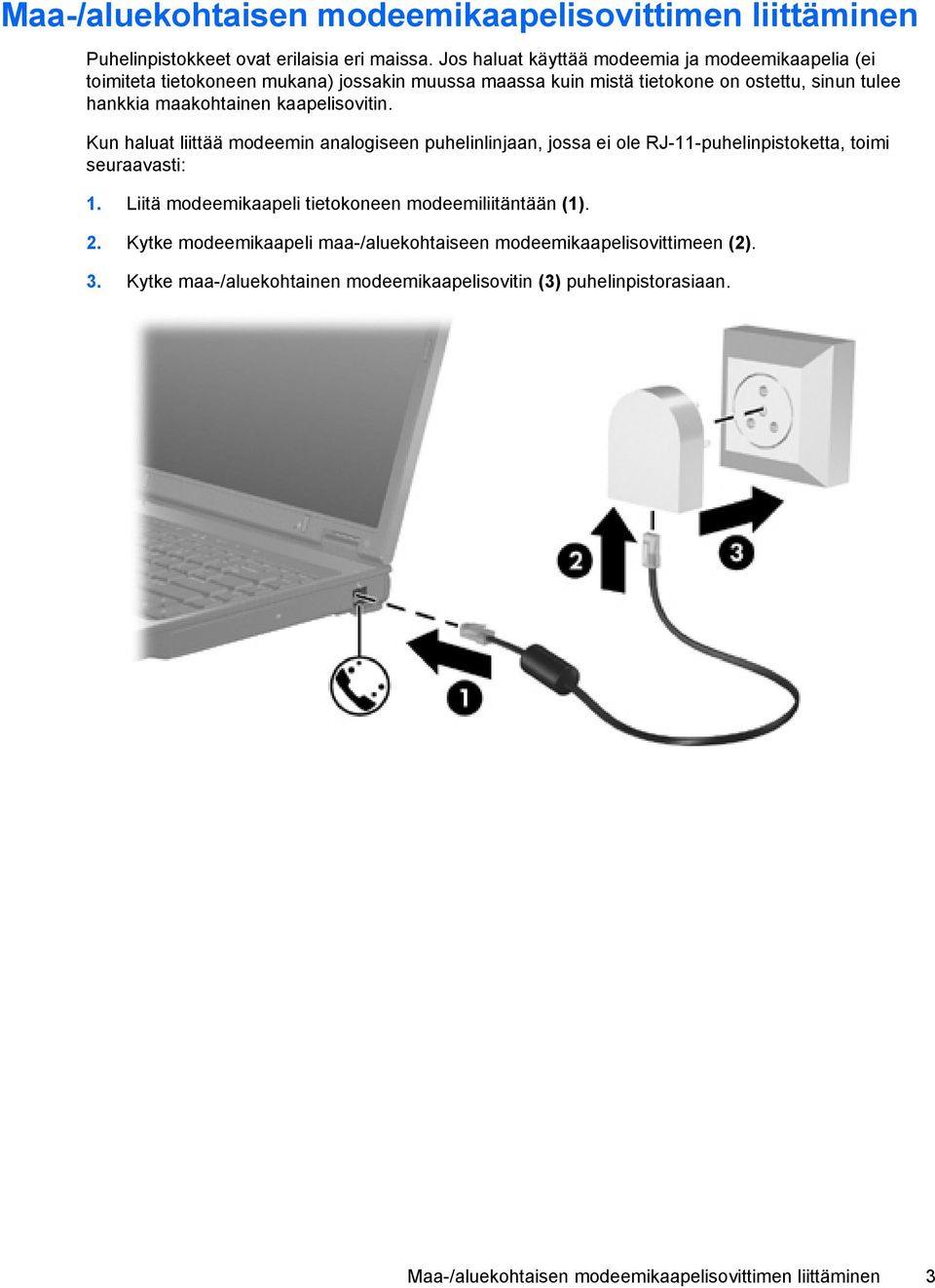 maakohtainen kaapelisovitin. Kun haluat liittää modeemin analogiseen puhelinlinjaan, jossa ei ole RJ-11-puhelinpistoketta, toimi seuraavasti: 1.