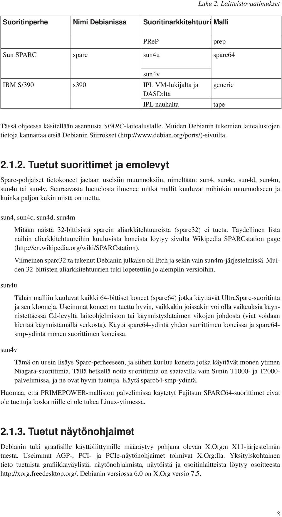 Tässä ohjeessa käsitellään asennusta SPARC-laitealustalle. Muiden Debianin tukemien laitealustojen tietoja kannattaa etsiä Debianin Siirrokset (http://www.debian.org/ports/)-sivuilta. 2.