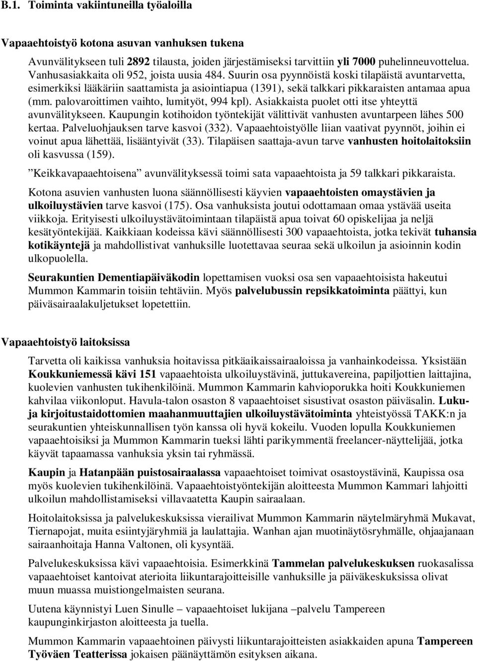 palovaroittimen vaihto, lumityöt, 994 kpl). Asiakkaista puolet otti itse yhteyttä avunvälitykseen. Kaupungin kotihoidon työntekijät välittivät vanhusten avuntarpeen lähes 500 kertaa.