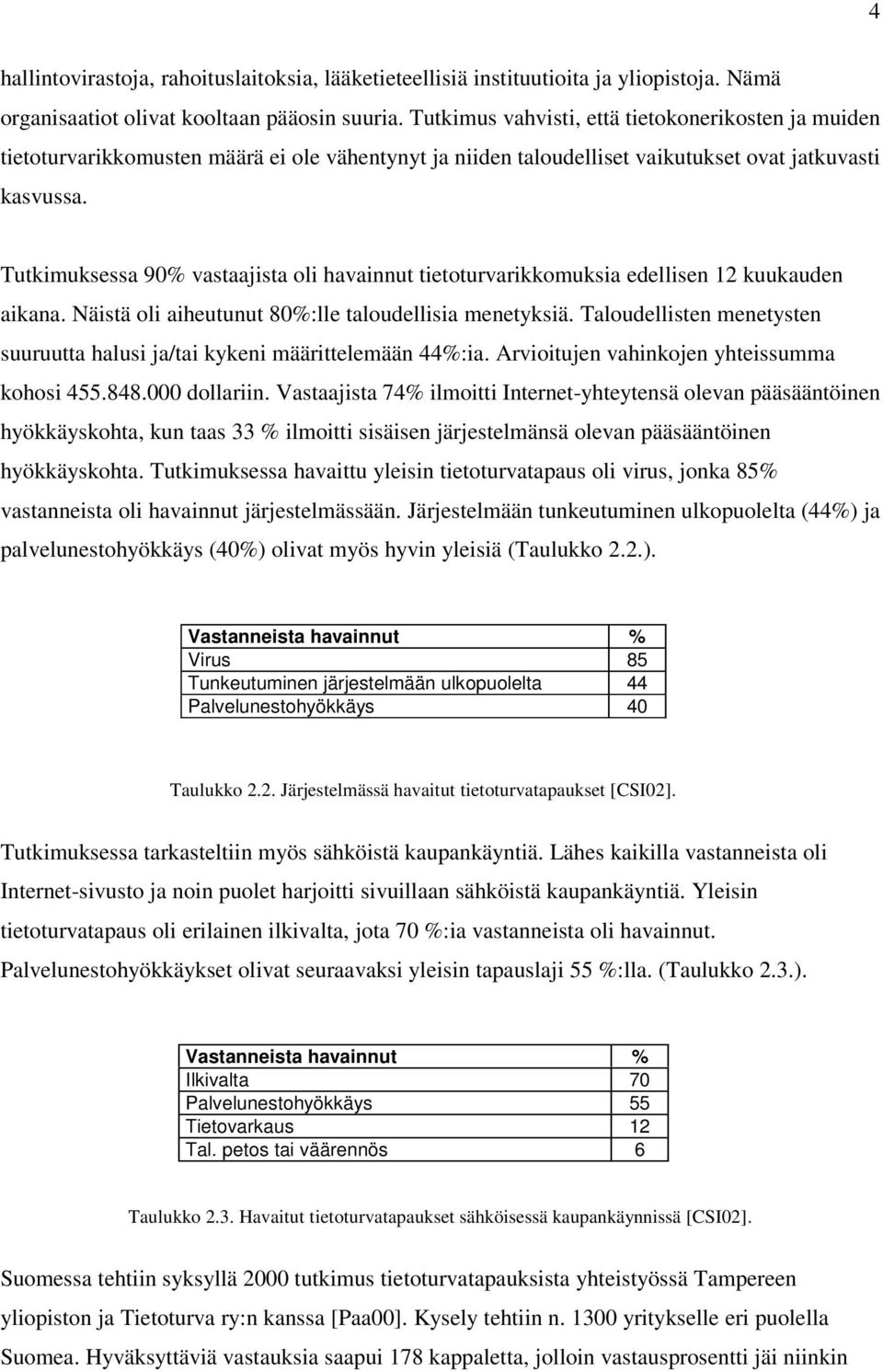 Tutkimuksessa 90% vastaajista oli havainnut tietoturvarikkomuksia edellisen 12 kuukauden aikana. Näistä oli aiheutunut 80%:lle taloudellisia menetyksiä.