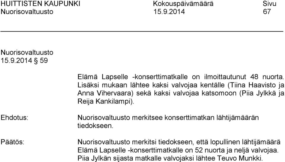 (Piia Jylkkä ja Reija Kankilampi). merkitsee konserttimatkan lähtijämäärän tiedokseen.