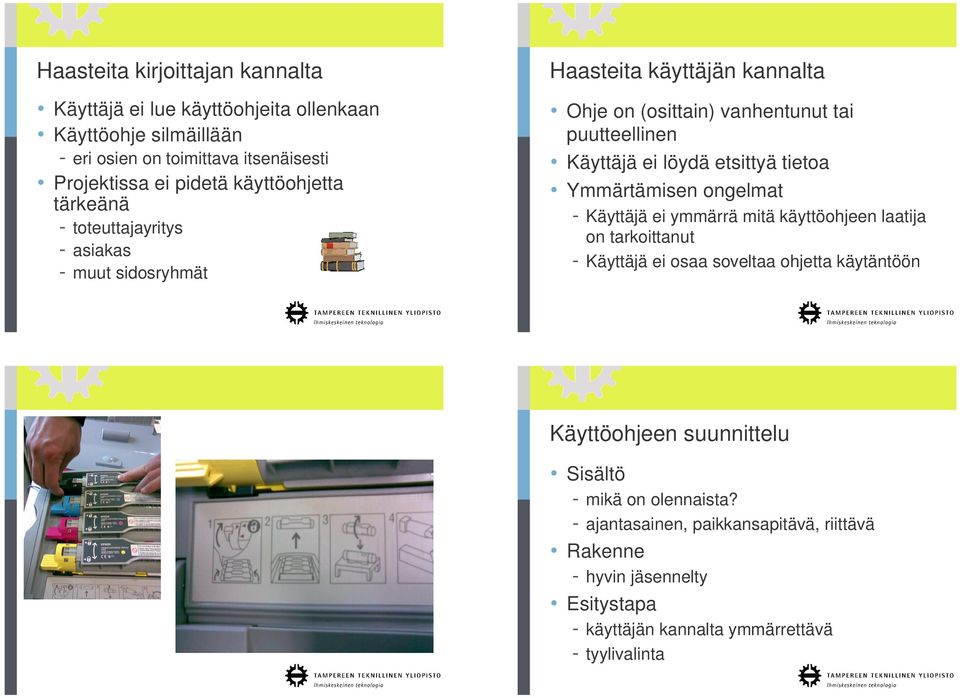 löydä etsittyä tietoa Ymmärtämisen ongelmat - Käyttäjä ei ymmärrä mitä käyttöohjeen laatija on tarkoittanut - Käyttäjä ei osaa soveltaa ohjetta käytäntöön