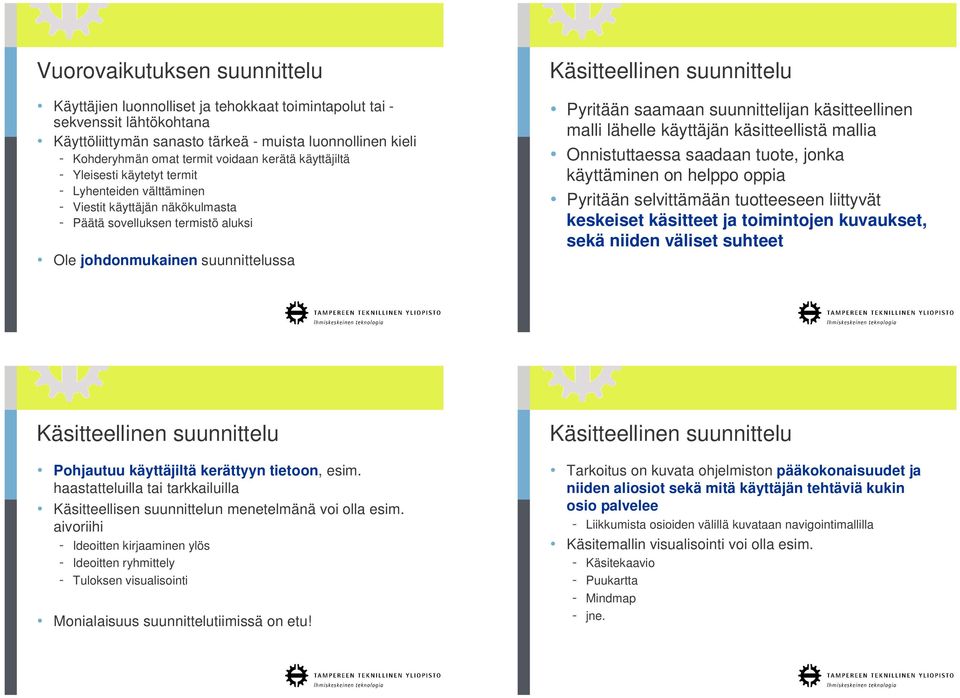 suunnittelu Pyritään saamaan suunnittelijan käsitteellinen malli lähelle käyttäjän käsitteellistä mallia Onnistuttaessa saadaan tuote, jonka käyttäminen on helppo oppia Pyritään selvittämään