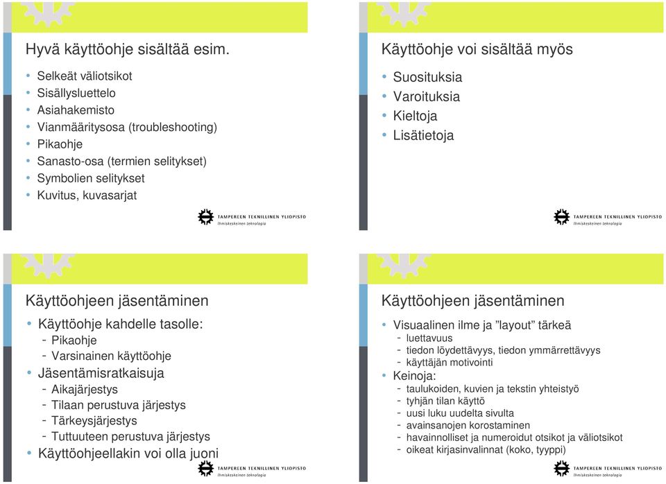 Suosituksia Varoituksia Kieltoja Lisätietoja Käyttöohjeen jäsentäminen Käyttöohje kahdelle tasolle: - Pikaohje - Varsinainen käyttöohje Jäsentämisratkaisuja - Aikajärjestys - Tilaan perustuva