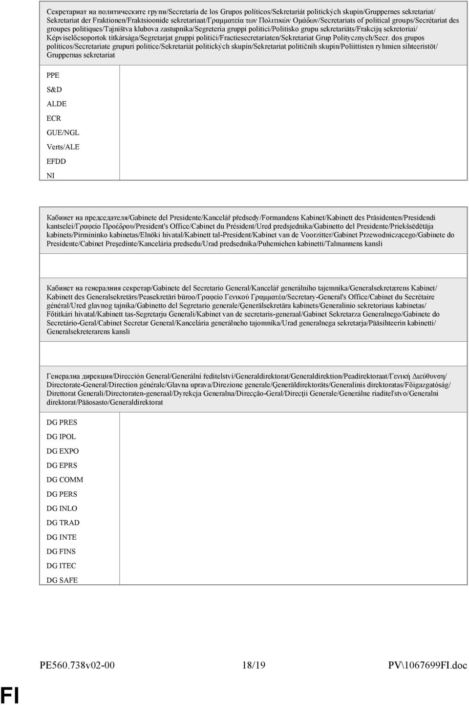 Képviselőcsoportok titkársága/segretarjat gruppi politiċi/fractiesecretariaten/sekretariat Grup Politycznych/Secr.