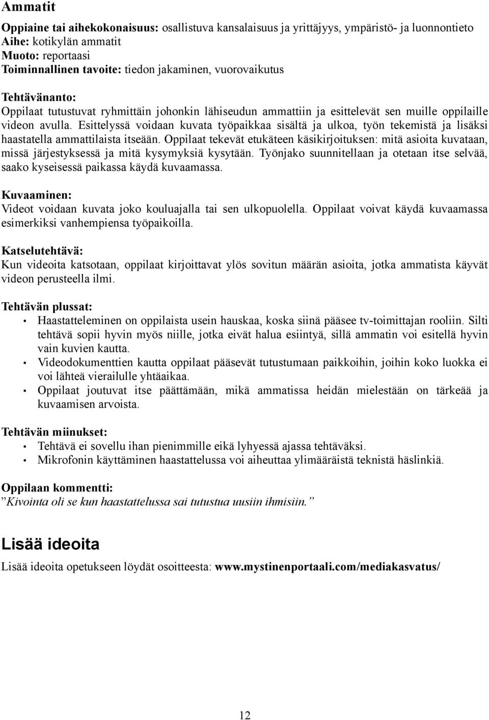 Esittelyssä voidaan kuvata työpaikkaa sisältä ja ulkoa, työn tekemistä ja lisäksi haastatella ammattilaista itseään.