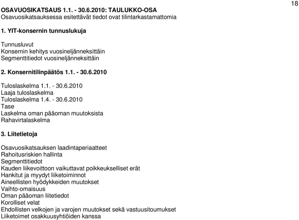 4. - 30.6.2010 Tase Laskelma oman pääoman muutoksista Rahavirtalaskelma 3.