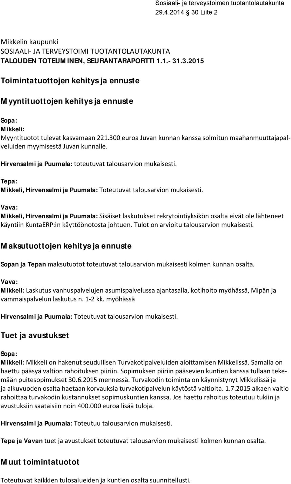 300 euroa Juvan kunnan kanssa solmitun maahanmuuttajapalveluiden myymisestä Juvan kunnalle. Hirvensalmi ja Puumala: toteutuvat talousarvion mukaisesti.