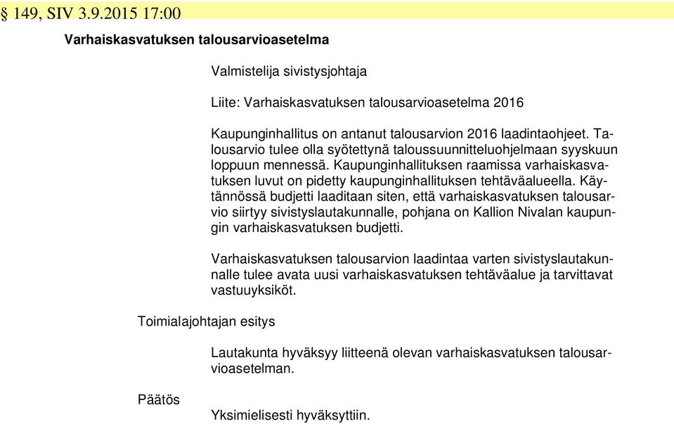 Kaupunginhallituksen raamissa varhaiskasvatuksen luvut on pidetty kaupunginhallituksen tehtäväalueella.