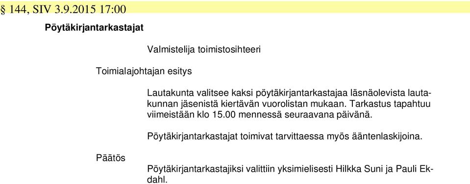 kaksi pöytäkirjantarkastajaa läsnäolevista lautakunnan jäsenistä kiertävän vuorolistan mukaan.