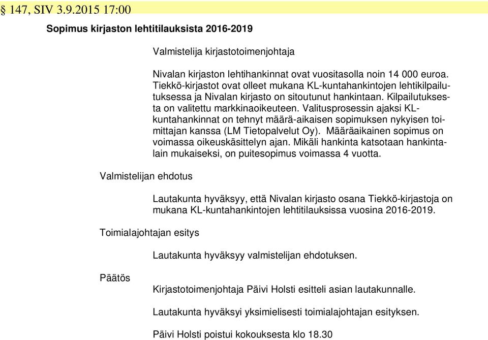 euroa. Tiekkö-kirjastot ovat olleet mukana KL-kuntahankintojen lehtikilpailutuksessa ja Nivalan kirjasto on sitoutunut hankintaan. Kilpailutuksesta on valitettu markkinaoikeuteen.