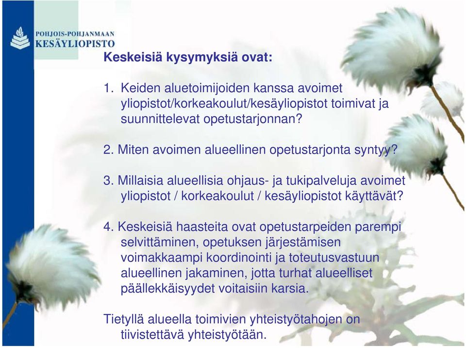 Millaisia alueellisia ohjaus- ja tukipalveluja avoimet yliopistot / korkeakoulut / kesäyliopistot käyttävät? 4.