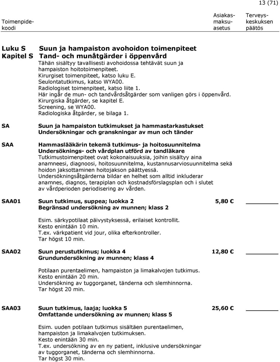 Kirurgiska åtgärder, se kapitel E. Screening, se WYA00. Radiologiska åtgärder, se bilaga 1.