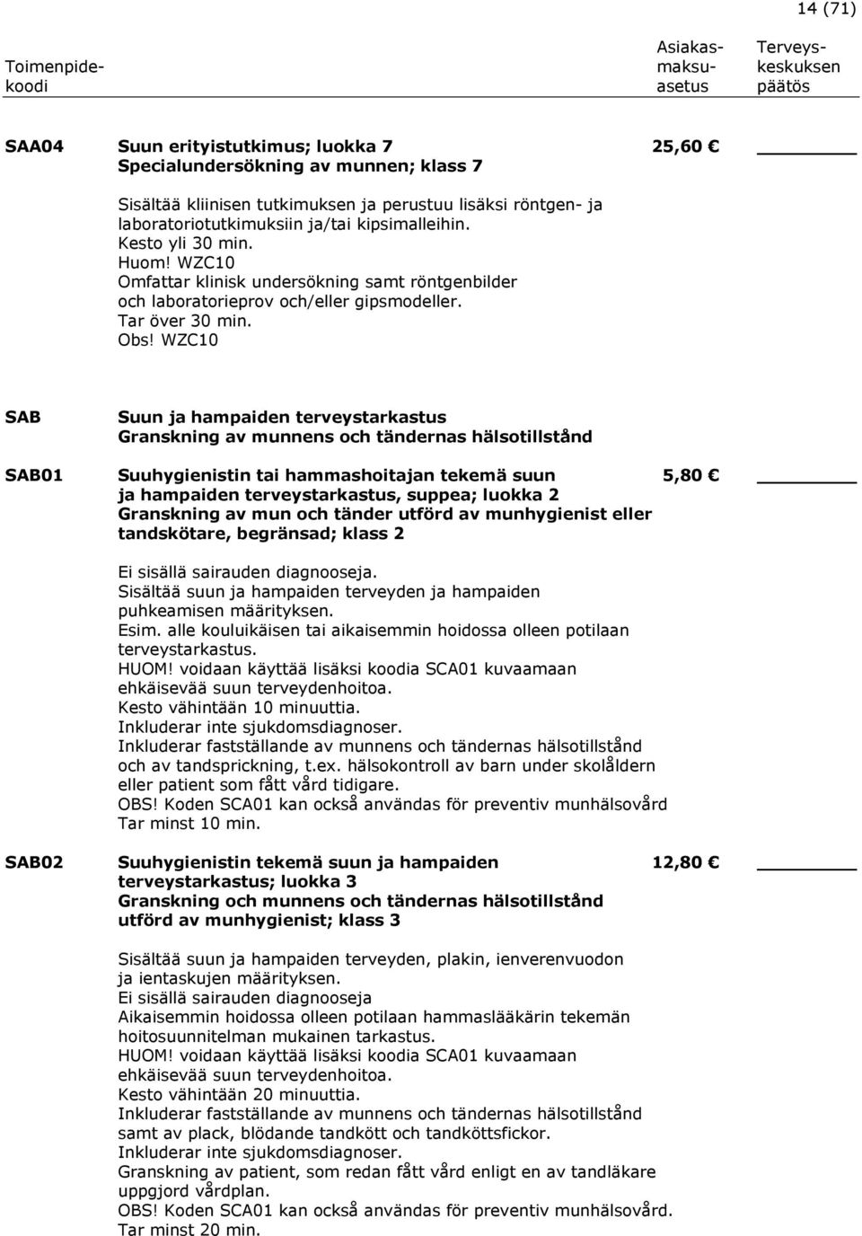 WZC10 SAB Suun ja hampaiden terveystarkastus Granskning av munnens och tändernas hälsotillstånd SAB01 Suuhygienistin tai hammashoitajan tekemä suun 5,80 ja hampaiden terveystarkastus, suppea; luokka