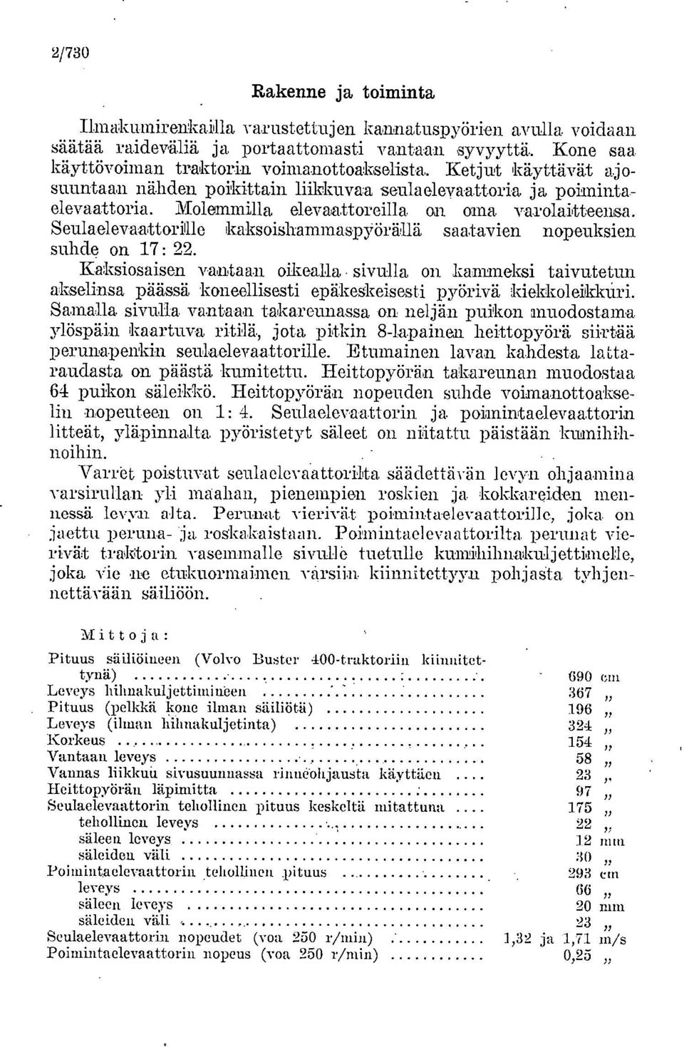 Seulaelevaattorillle kaksoishammaspyörällä saatavien nopeuksien suhde on 17: 22.