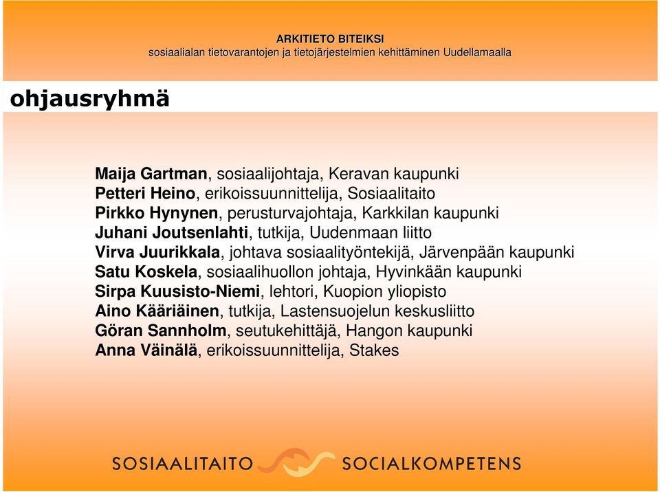 sosiaalityöntekijä, Järvenpään kaupunki Satu Koskela, sosiaalihuollon johtaja, Hyvinkään kaupunki Sirpa Kuusisto-Niemi, lehtori,