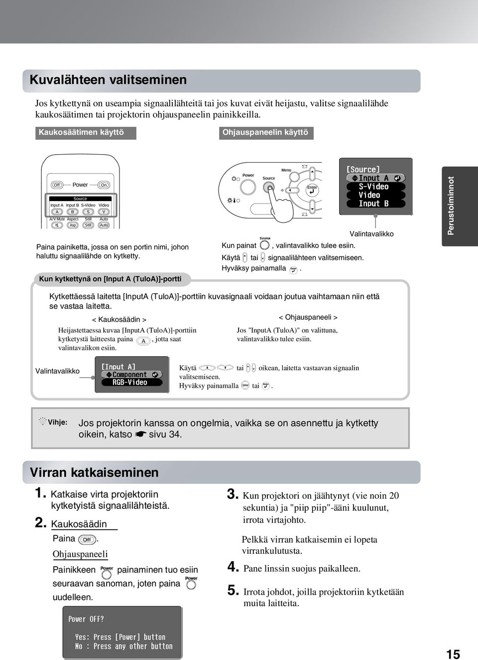 Kun kytkettynä on [Input A (TuloA)]-portti Kun painat, valintavalikko tulee esiin. Käytä tai signaalilähteen valitsemiseen. Hyväksy painamalla.