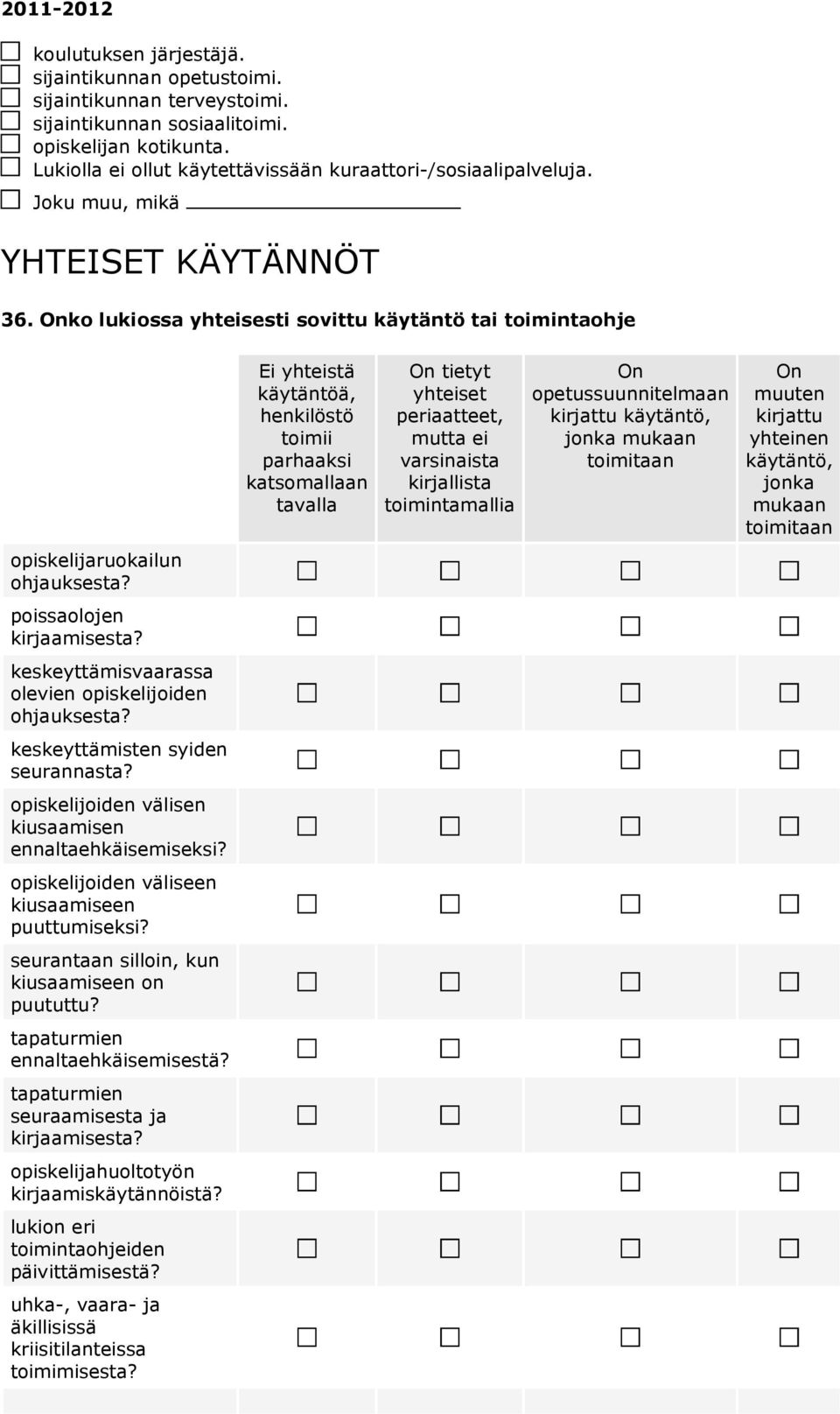 Onko lukiossa yhteisesti sovittu käytäntö tai toimintaohje yhteistä käytäntöä, henkilöstö toimii parhaaksi katsomallaan tavalla On tietyt yhteiset periaatteet, mutta ei varsinaista kirjallista