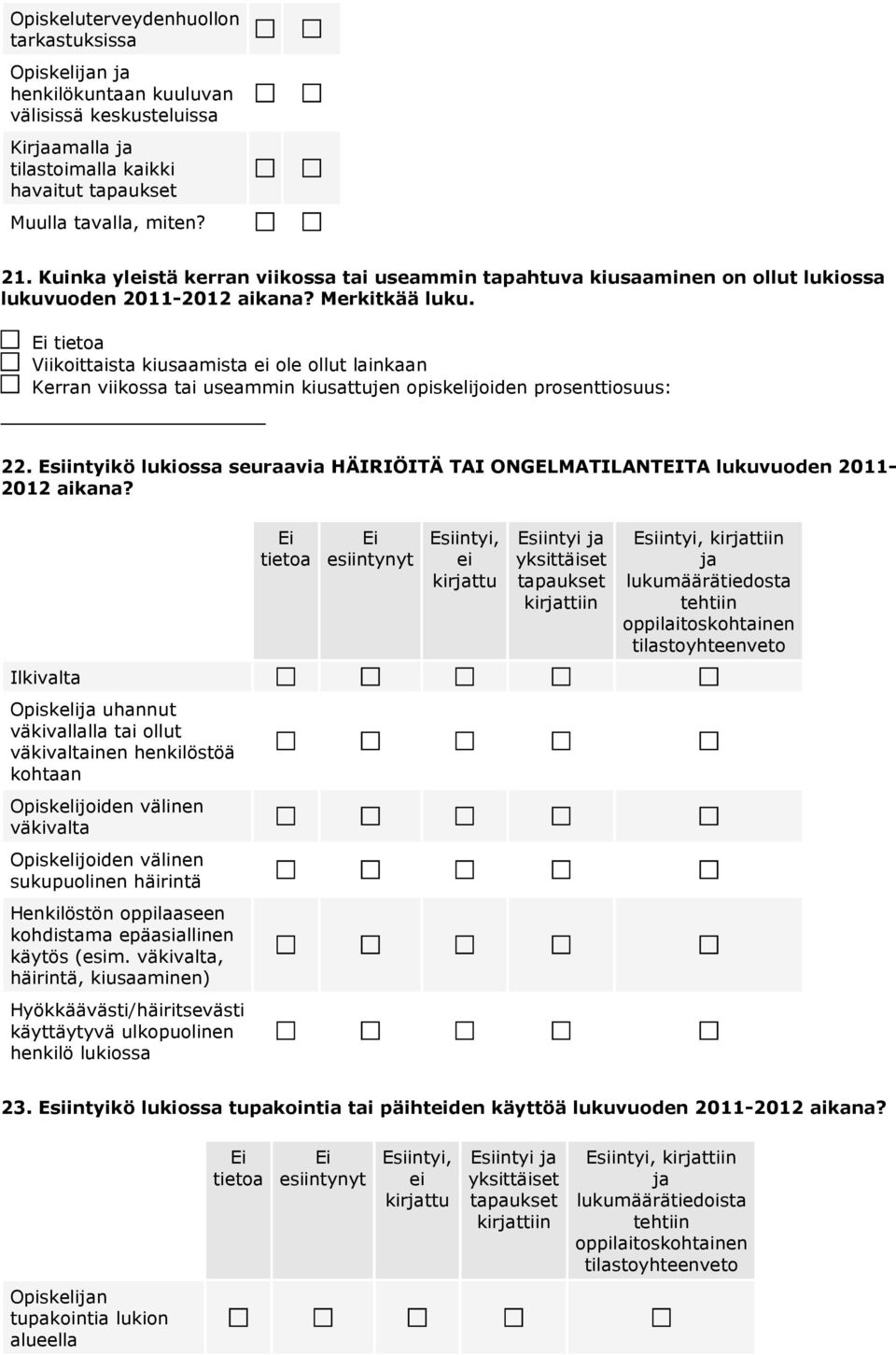 tietoa Viikoittaista kiusaamista ei ole ollut lainkaan Kerran viikossa tai useammin kiusattujen opiskelijoiden prosenttiosuus: 22.