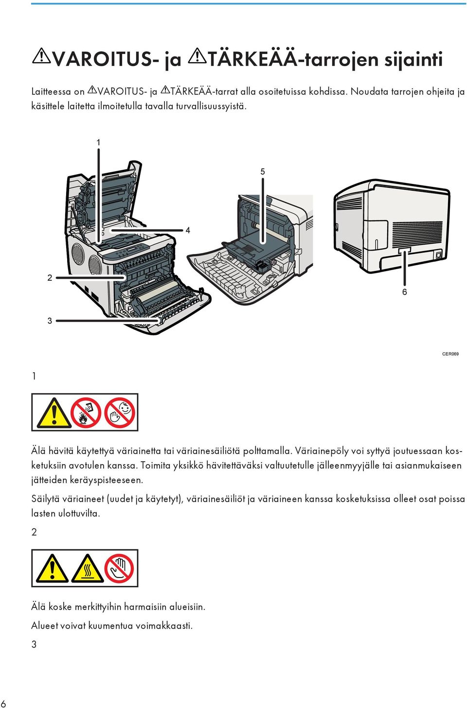 1 5 4 2 6 3 CER069 1 Älä hävitä käytettyä väriainetta tai väriainesäiliötä polttamalla. Väriainepöly voi syttyä joutuessaan kosketuksiin avotulen kanssa.