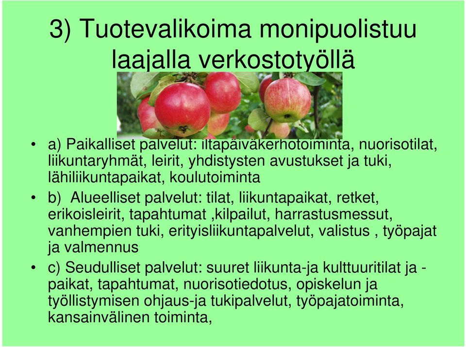 tapahtumat,kilpailut, harrastusmessut, vanhempien tuki, erityisliikuntapalvelut, valistus, työpajat ja valmennus c) Seudulliset palvelut: suuret