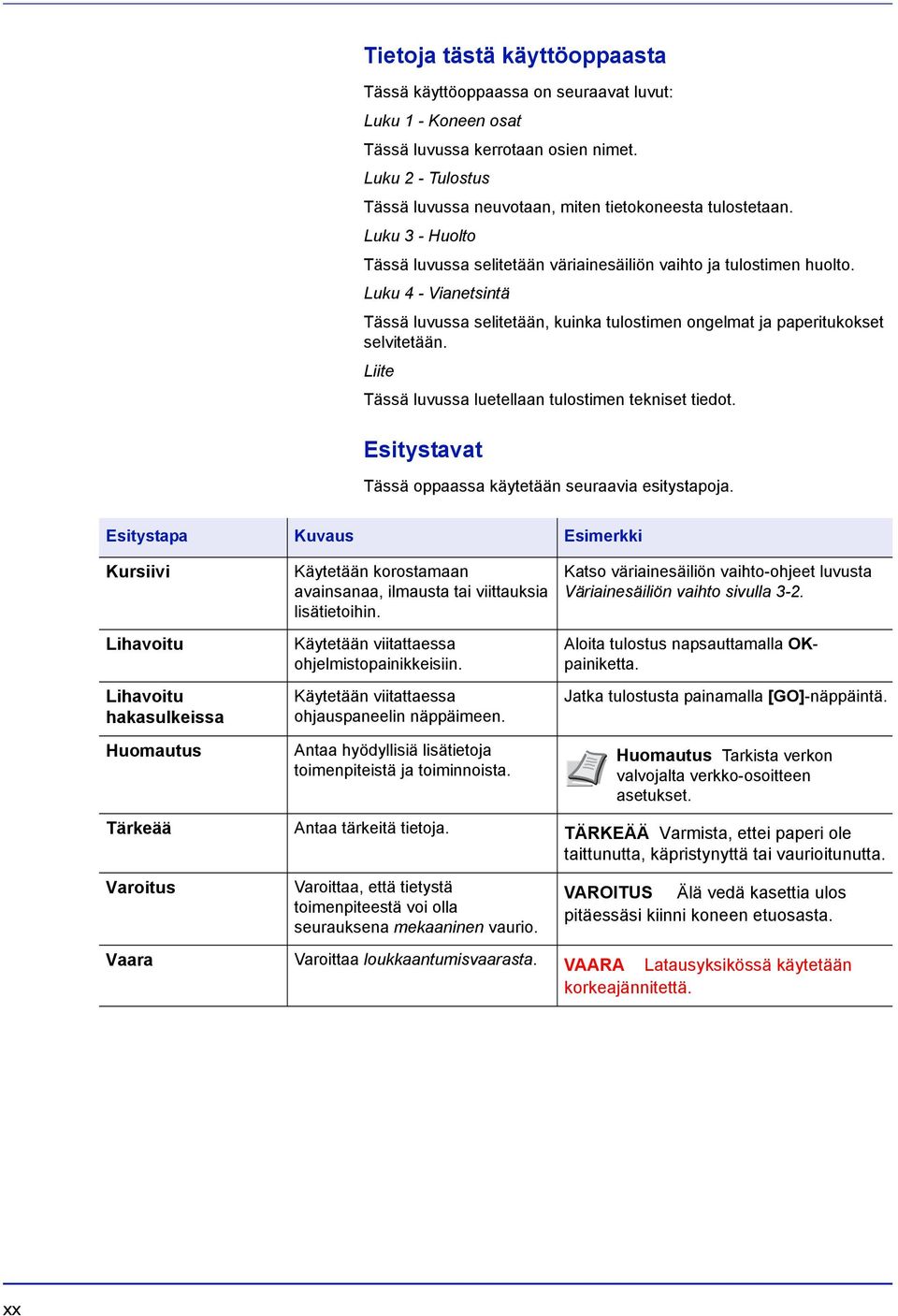 Luku 4 - Vianetsintä Tässä luvussa selitetään, kuinka tulostimen ongelmat ja paperitukokset selvitetään. Liite Tässä luvussa luetellaan tulostimen tekniset tiedot.