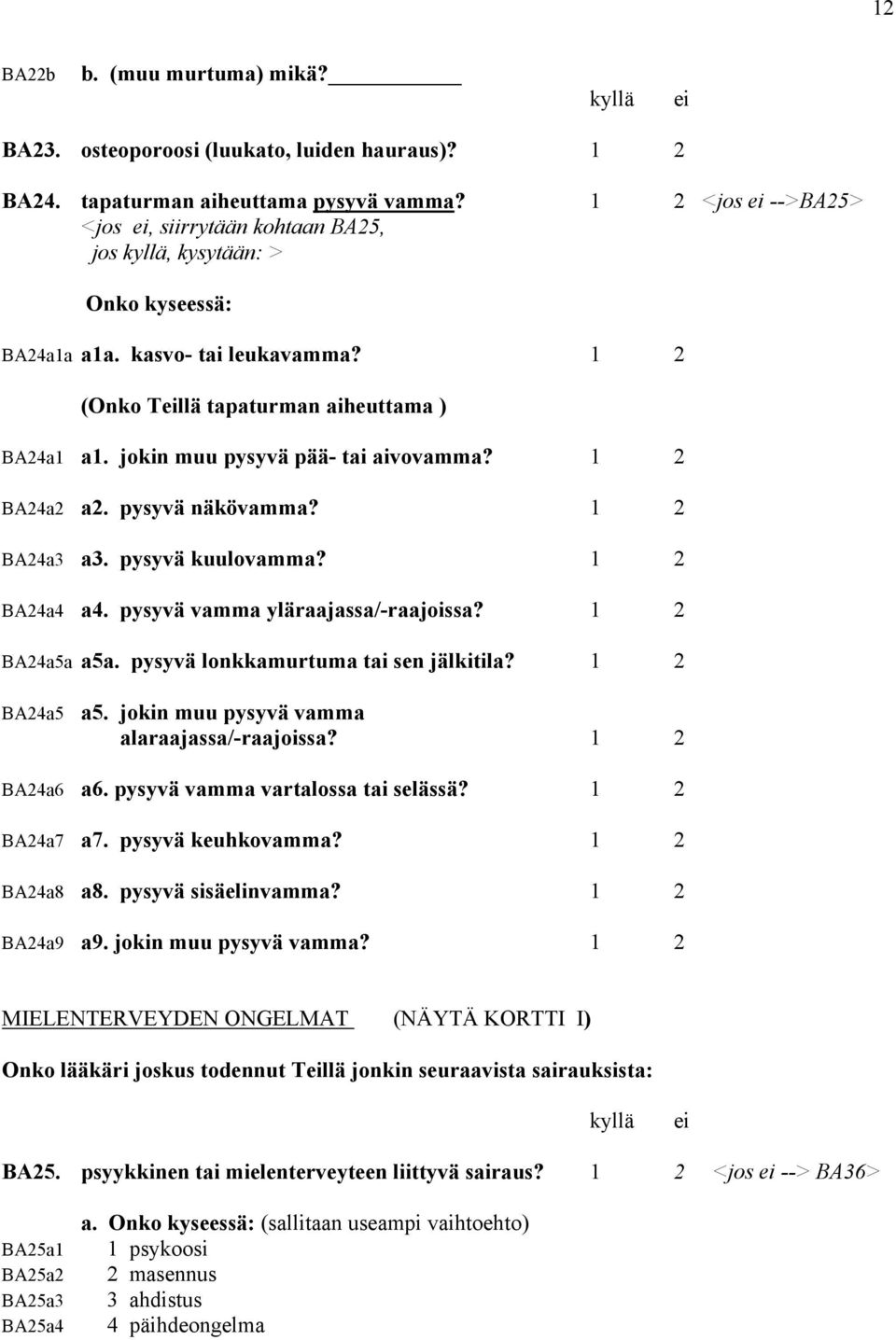 jokin muu pysyvä pää- tai aivovamma? 1 2 BA24a2 a2. pysyvä näkövamma? 1 2 BA24a3 a3. pysyvä kuulovamma? 1 2 BA24a4 a4. pysyvä vamma yläraajassa/-raajoissa? 1 2 BA24a5a a5a.