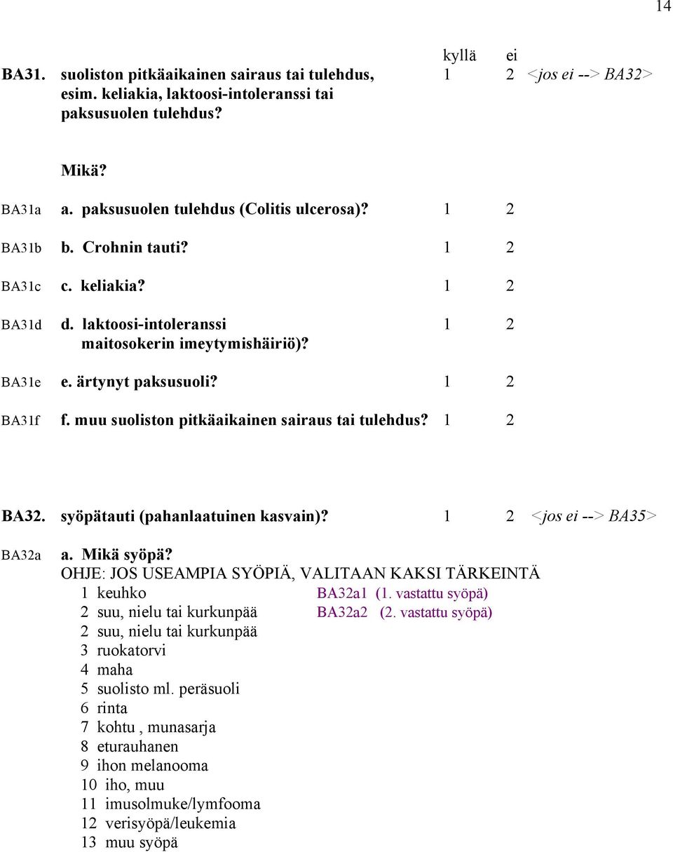 1 2 BA31f f. muu suoliston pitkäaikainen sairaus tai tulehdus? 1 2 BA32. syöpätauti (pahanlaatuinen kasvain)? 1 2 <jos ei --> BA35> BA32a a. Mikä syöpä?