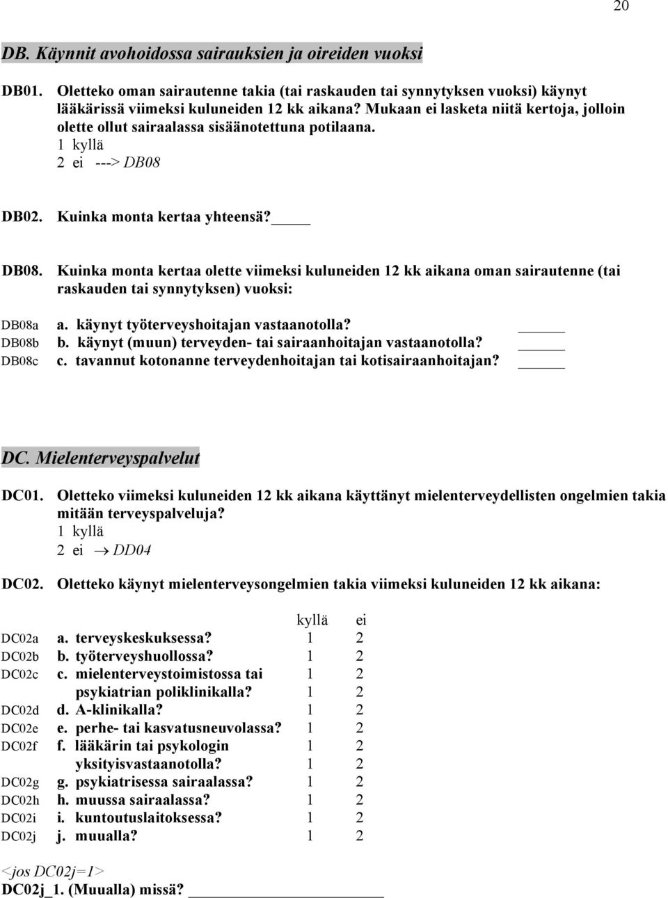 DB02. Kuinka monta kertaa yhteensä? DB08. Kuinka monta kertaa olette viimeksi kuluneiden 12 kk aikana oman sairautenne (tai raskauden tai synnytyksen) vuoksi: DB08a a.