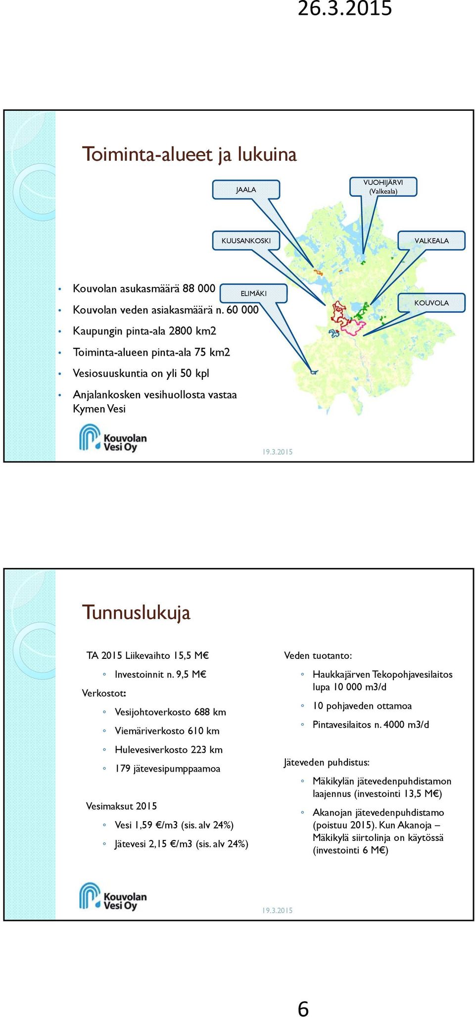 M Investoinnit n. 9,5 M Verkostot: Vesijohtoverkosto 688 km Viemäriverkosto 610 km Hulevesiverkosto 223 km 179 jätevesipumppaamoa Vesimaksut 2015 Vesi 1,59 /m3 (sis. alv 24%) Jätevesi 2,15 /m3 (sis.