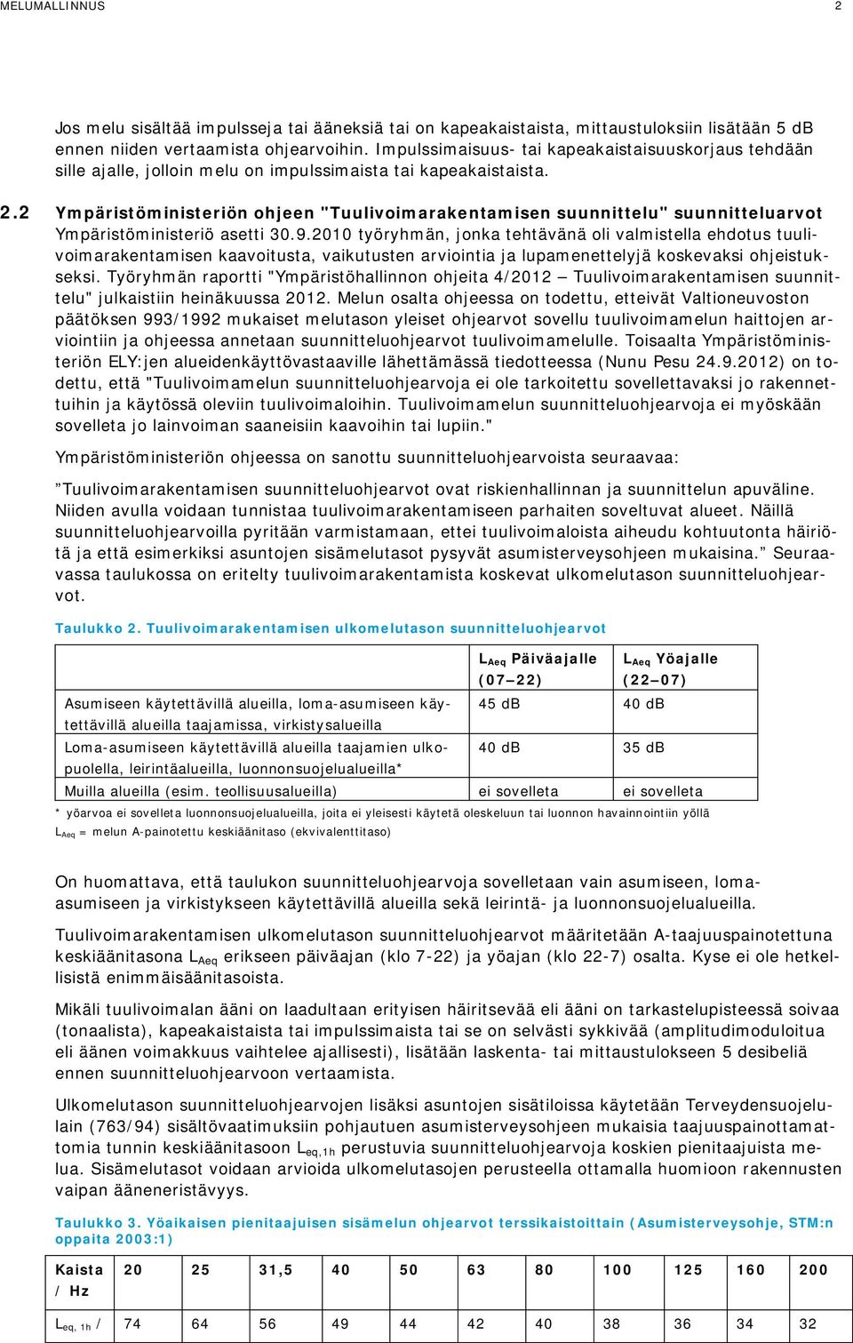 2 Ympäristöministeriön ohjeen "Tuulivoimarakentamisen suunnittelu" suunnitteluarvot Ympäristöministeriö asetti 30.9.