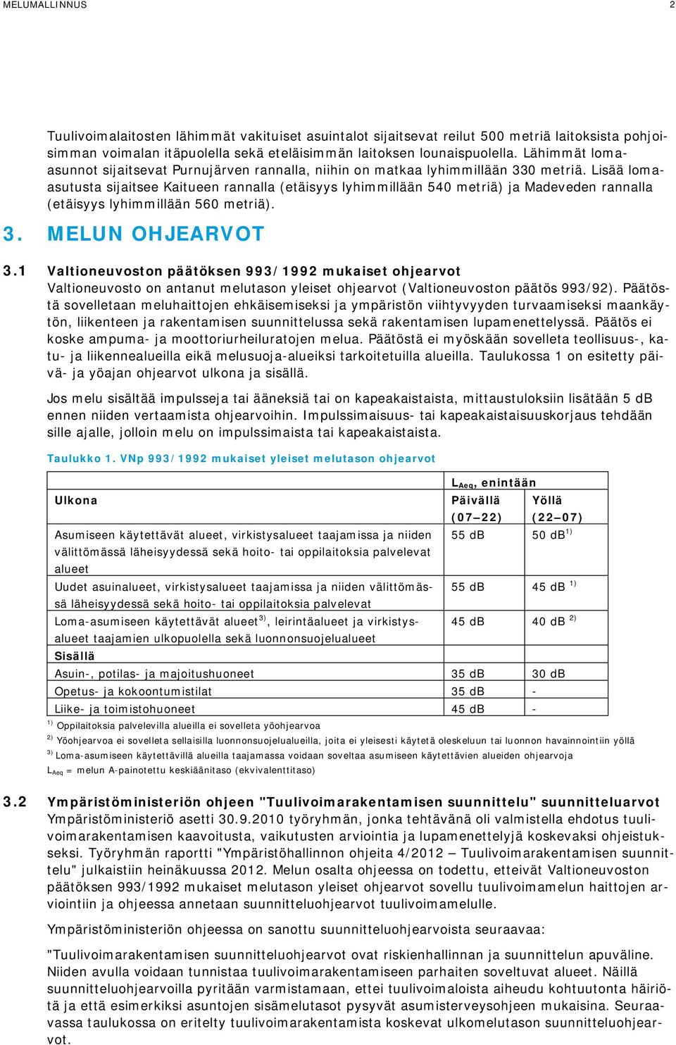 Lisää lomaasutusta sijaitsee Kaitueen rannalla (etäisyys lyhimmillään 540 metriä) ja Madeveden rannalla (etäisyys lyhimmillään 560 metriä). 3. MELUN OHJEARVOT 3.