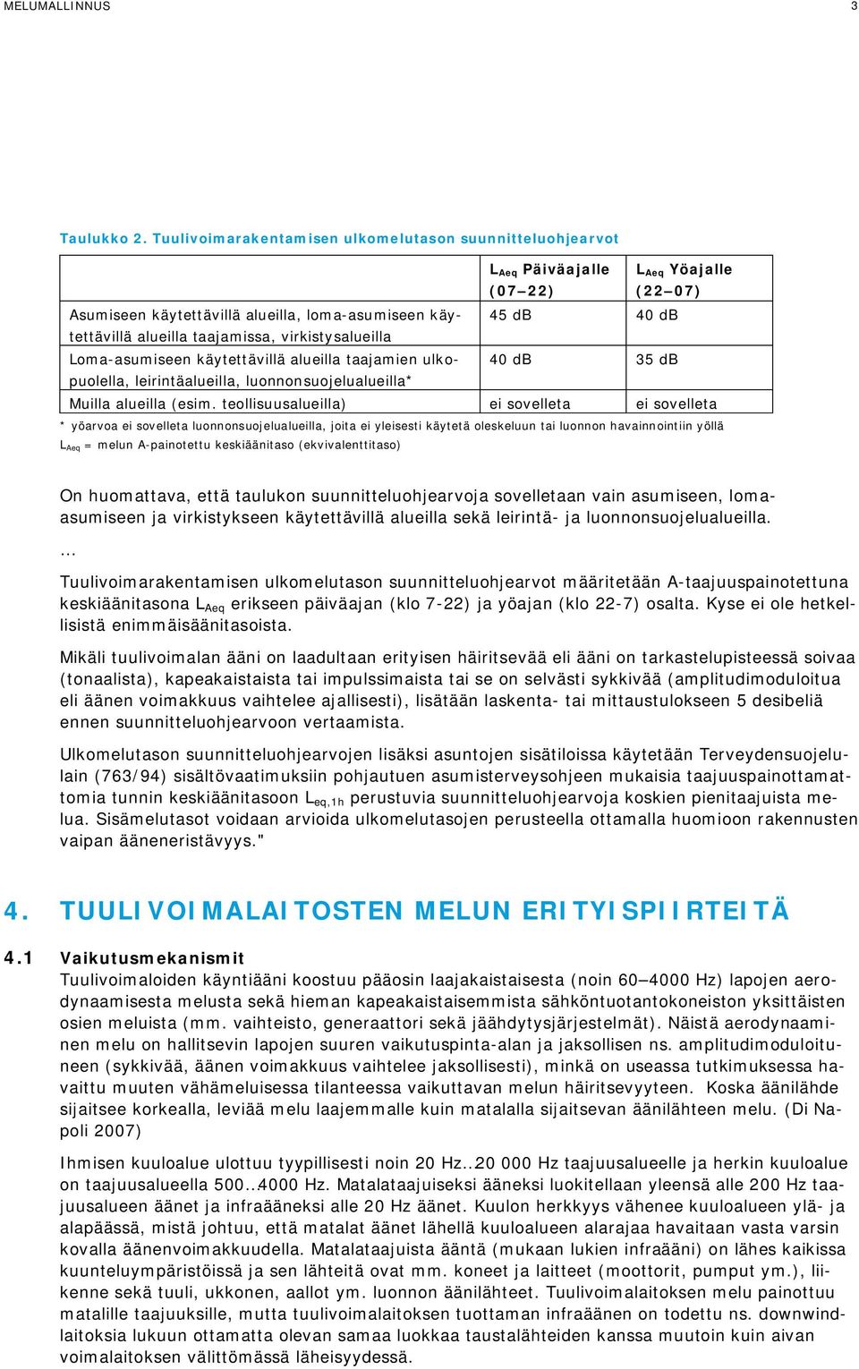 taajamissa, virkistysalueilla Loma-asumiseen käytettävillä alueilla taajamien ulkopuolella, 40 db 35 db leirintäalueilla, luonnonsuojelualueilla* Muilla alueilla (esim.