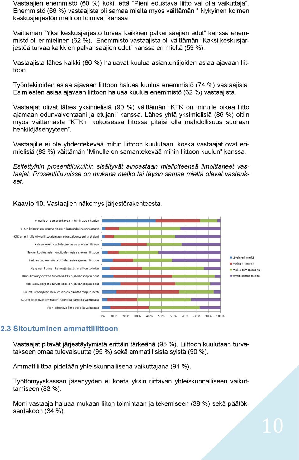 Enemmistö vastaajista oli väittämän Kaksi keskusjärjestöä turvaa kaikkien palkansaajien edut kanssa eri (59 %). Vastaajista lähes kaikki (86 %) haluavat kuulua asiantuntijoiden asiaa ajavaan liittoon.