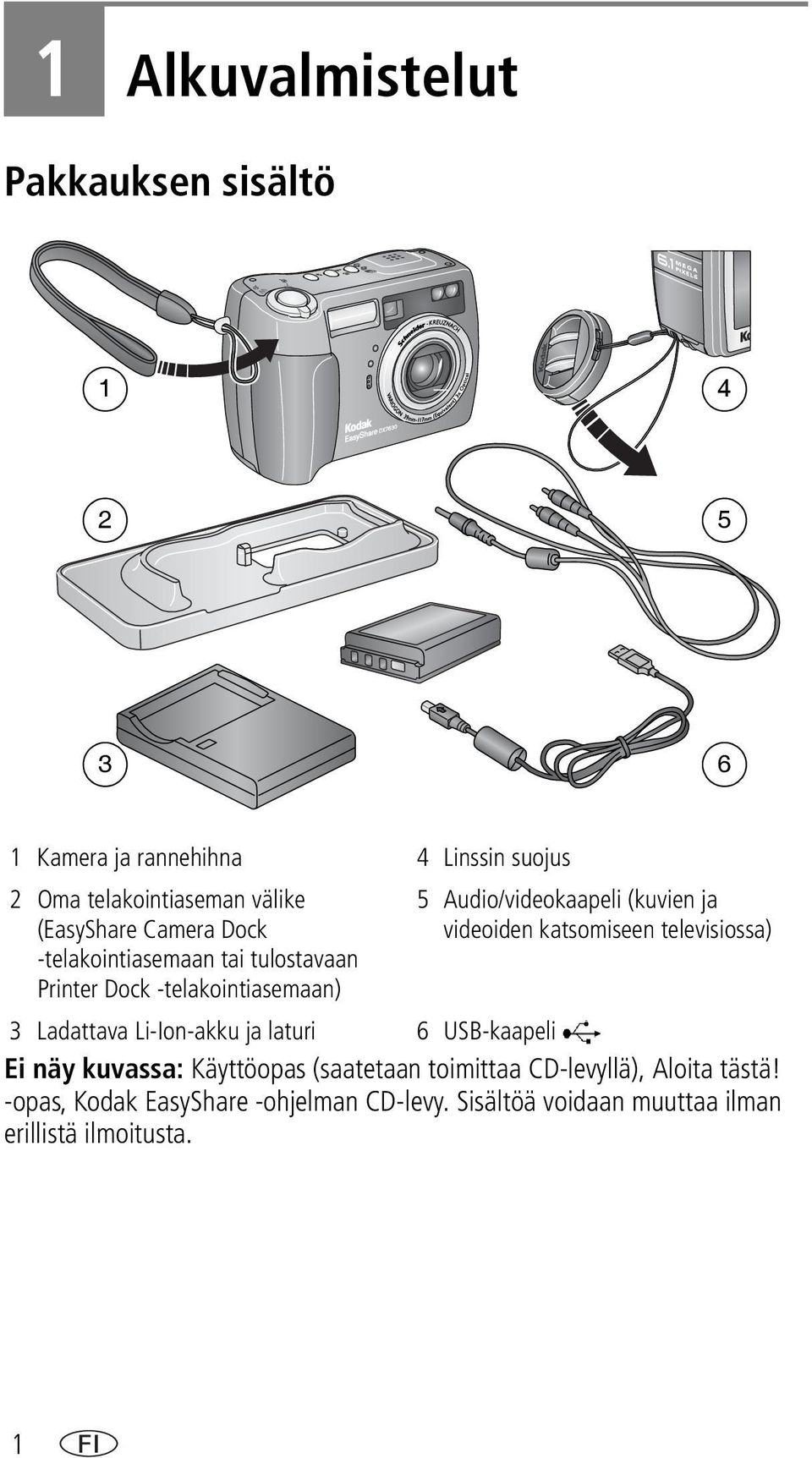 videoiden katsomiseen televisiossa) 3 Ladattava Li-Ion-akku ja laturi 6 USB-kaapeli Ei näy kuvassa: Käyttöopas (saatetaan