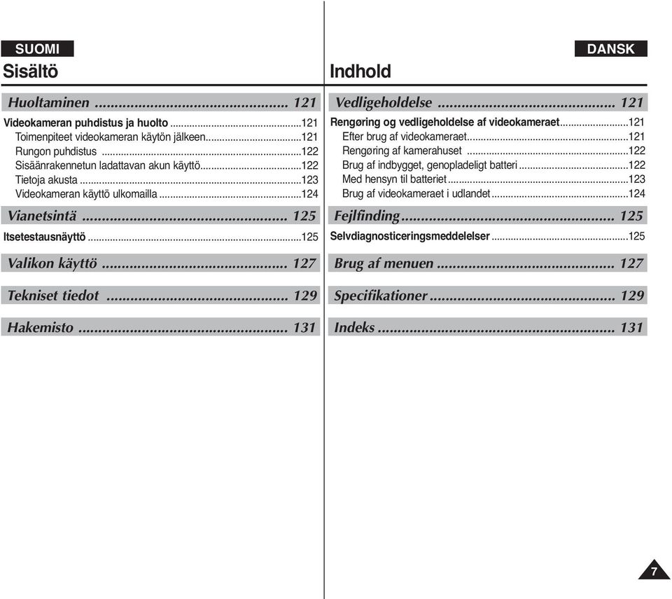 ..121 Efter brug af videokameraet...121 Rengøring af kamerahuset...122 Brug af indbygget, genopladeligt batteri...122 Med hensyn til batteriet...123 Brug af videokameraet i udlandet.