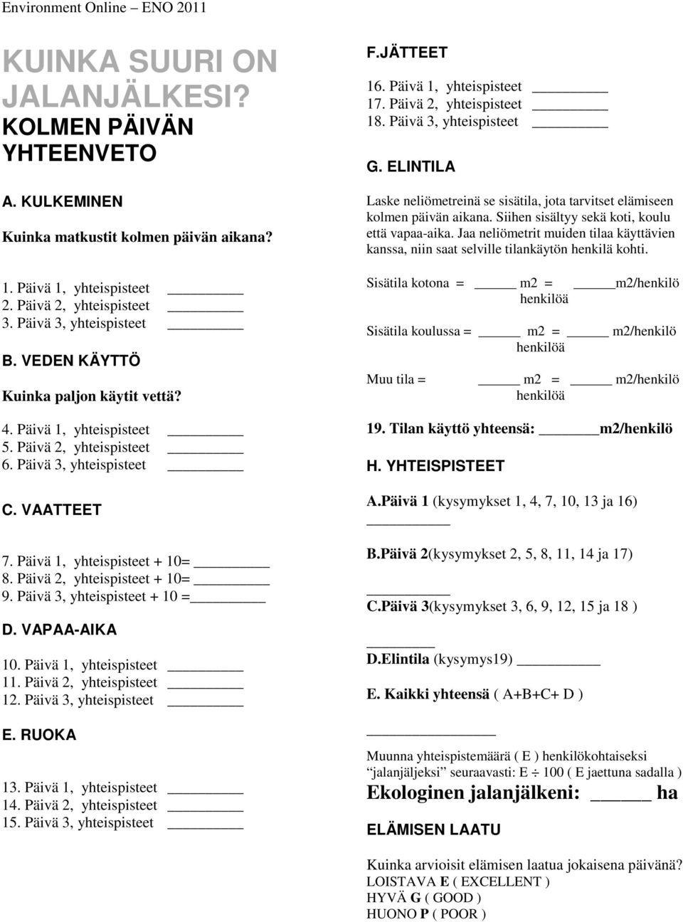 Päivä 3, yhteispisteet + 10 = D. VAPAA-AIKA 10. Päivä 1, yhteispisteet 11. Päivä 2, yhteispisteet 12. Päivä 3, yhteispisteet E. RUOKA 13. Päivä 1, yhteispisteet 14. Päivä 2, yhteispisteet 15.