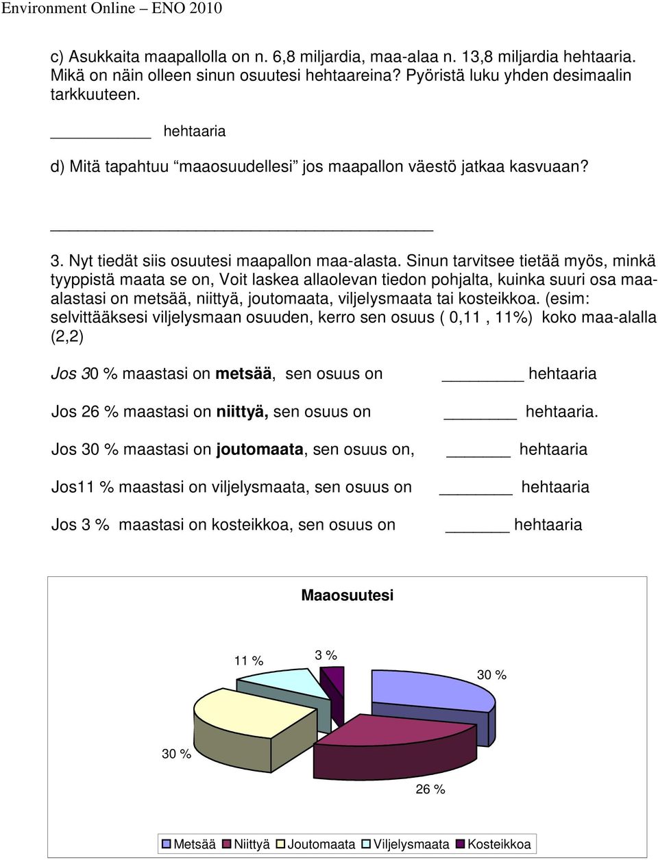 Sinun tarvitsee tietää myös, minkä tyyppistä maata se on, Voit laskea allaolevan tiedon pohjalta, kuinka suuri osa maaalastasi on metsää, niittyä, joutomaata, viljelysmaata tai kosteikkoa.