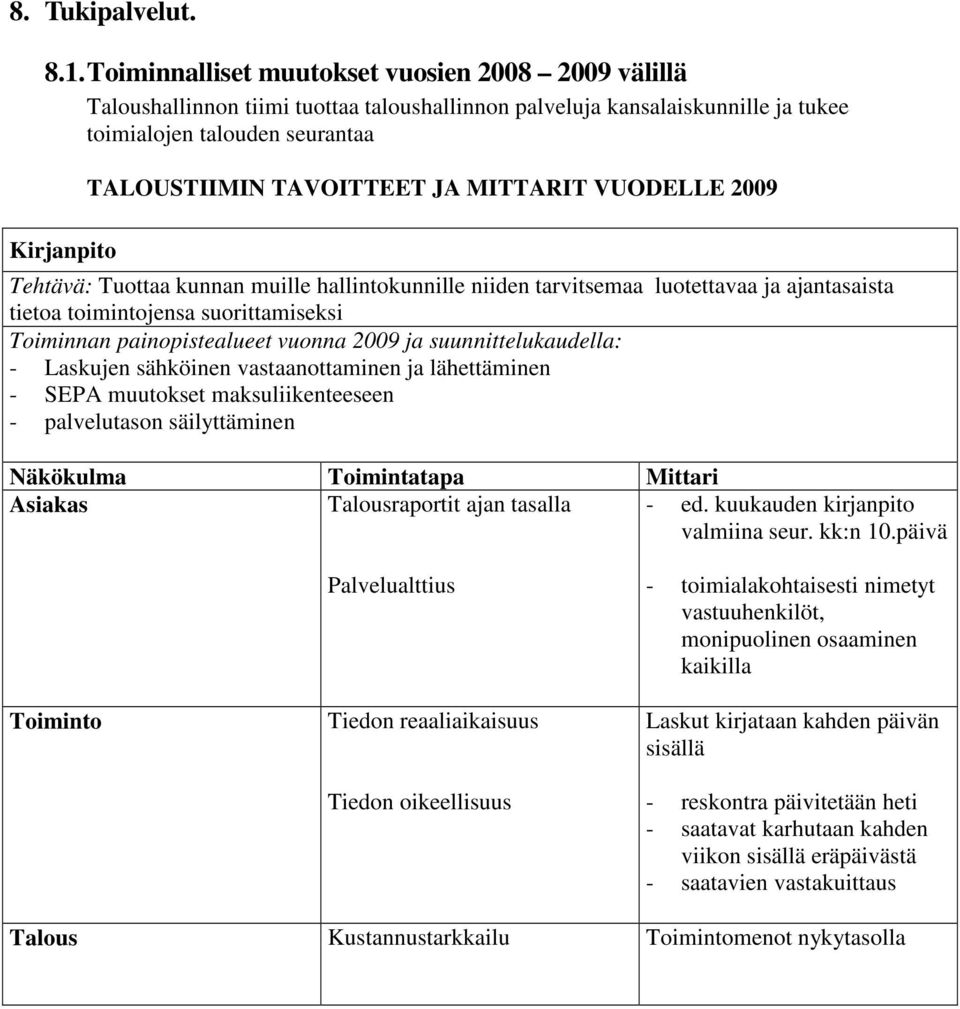 JA MITTARIT VUODELLE 2009 Tehtävä: Tuottaa kunnan muille hallintokunnille niiden tarvitsemaa luotettavaa ja ajantasaista tietoa toimintojensa suorittamiseksi Toiminnan painopistealueet vuonna 2009 ja