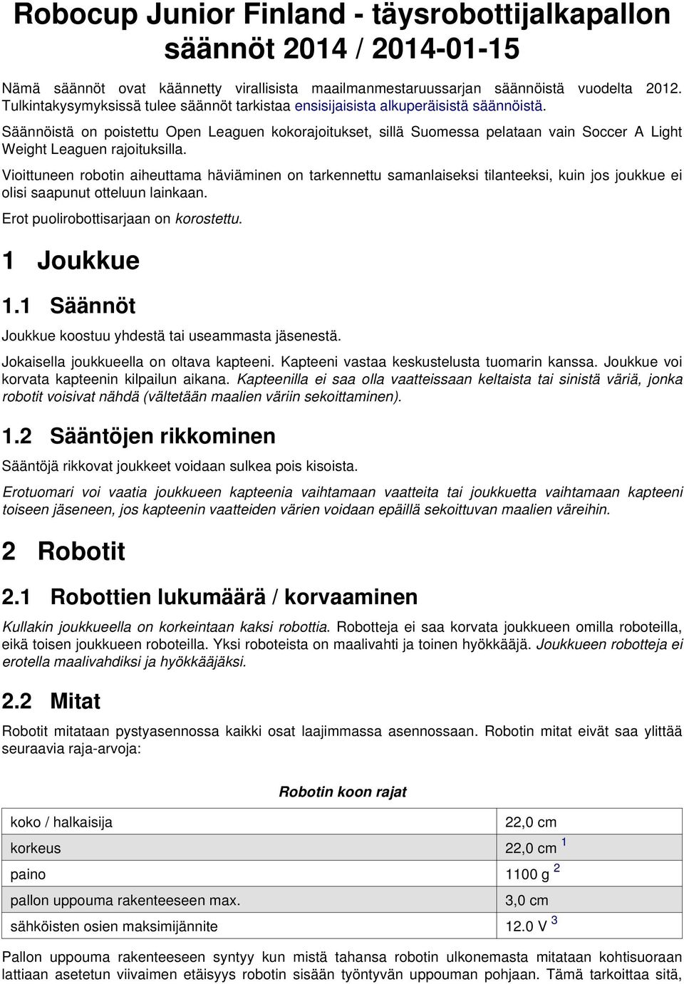 Säännöistä on poistettu Open Leaguen kokorajoitukset, sillä Suomessa pelataan vain Soccer A Light Weight Leaguen rajoituksilla.