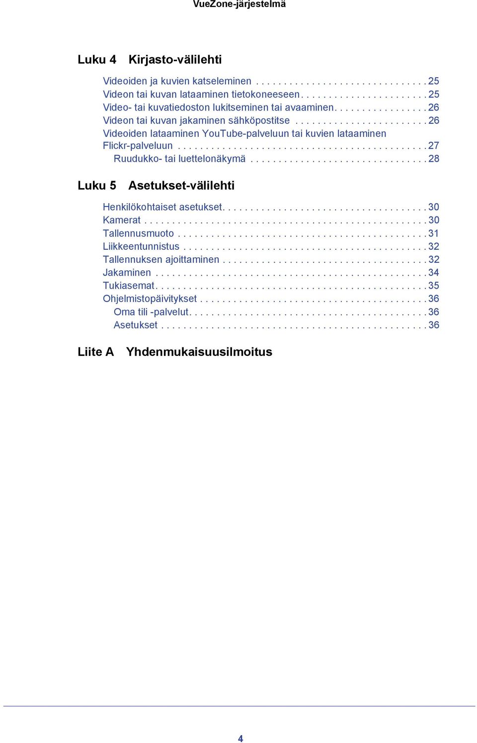 ............................... 28 Luku 5 Asetukset-välilehti Henkilökohtaiset asetukset..................................... 30 Kamerat................................................... 30 Tallennusmuoto.