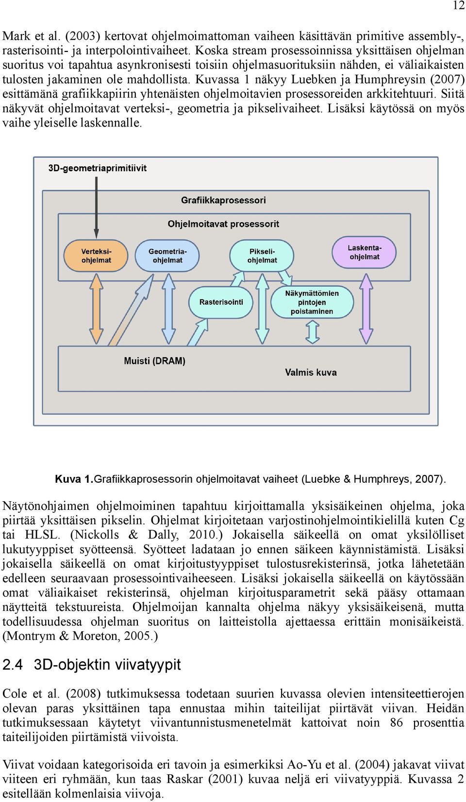 Kuvassa 1 näkyy Luebken ja Humphreysin (2007) esittämänä grafiikkapiirin yhtenäisten ohjelmoitavien prosessoreiden arkkitehtuuri. Siitä näkyvät ohjelmoitavat verteksi-, geometria ja pikselivaiheet.