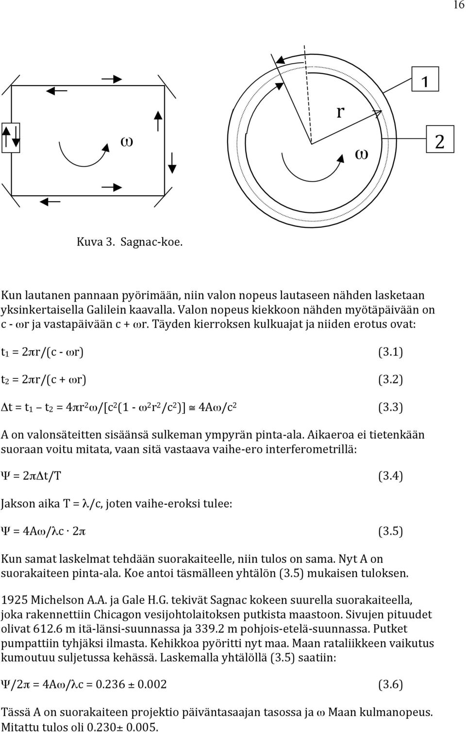 Täyden kierroksen kulkuajat ja niiden erotus ovat: t1 = 2πr/(c - ωr) t2 = 2πr/(c + ωr) Δt = t1 t2 = 4πr 2 ω/[c 2 (1 - ω 2 r 2 /c 2 )] 4Aω/c 2 (3.1) (3.2) (3.