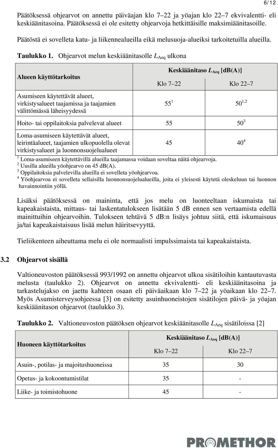 Ohjearvot melun keskiäänitasolle L Aeq ulkona Alueen käyttötarkoitus Asumiseen käytettävät alueet, virkistysalueet taajamissa ja taajamien välittömässä läheisyydessä Keskiäänitaso L Aeq [db(a)] Klo 7