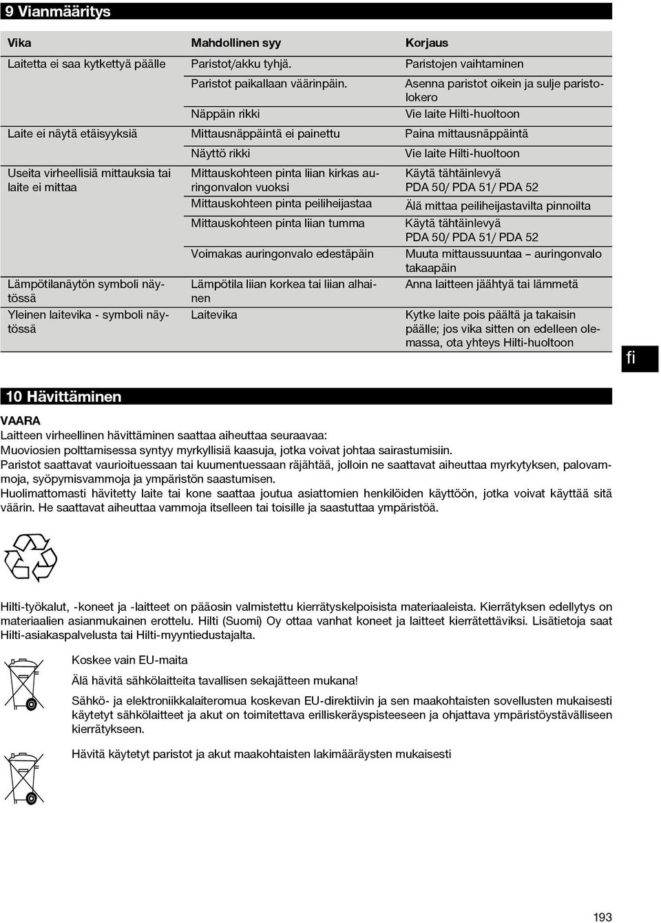 Hilti-huoltoon Useita virheellisiä mittauksia tai laite ei mittaa Lämpötilanäytön symboli näytössä Yleinen laitevika - symboli näytössä Mittauskohteen pinta liian kirkas auringonvalon vuoksi